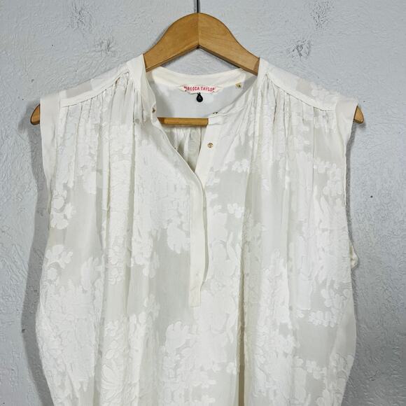 Rebecca Taylor Silk Floral Top V Neck Ivory White Embossed Snap Pleat - 4 - Picture 4 of 6